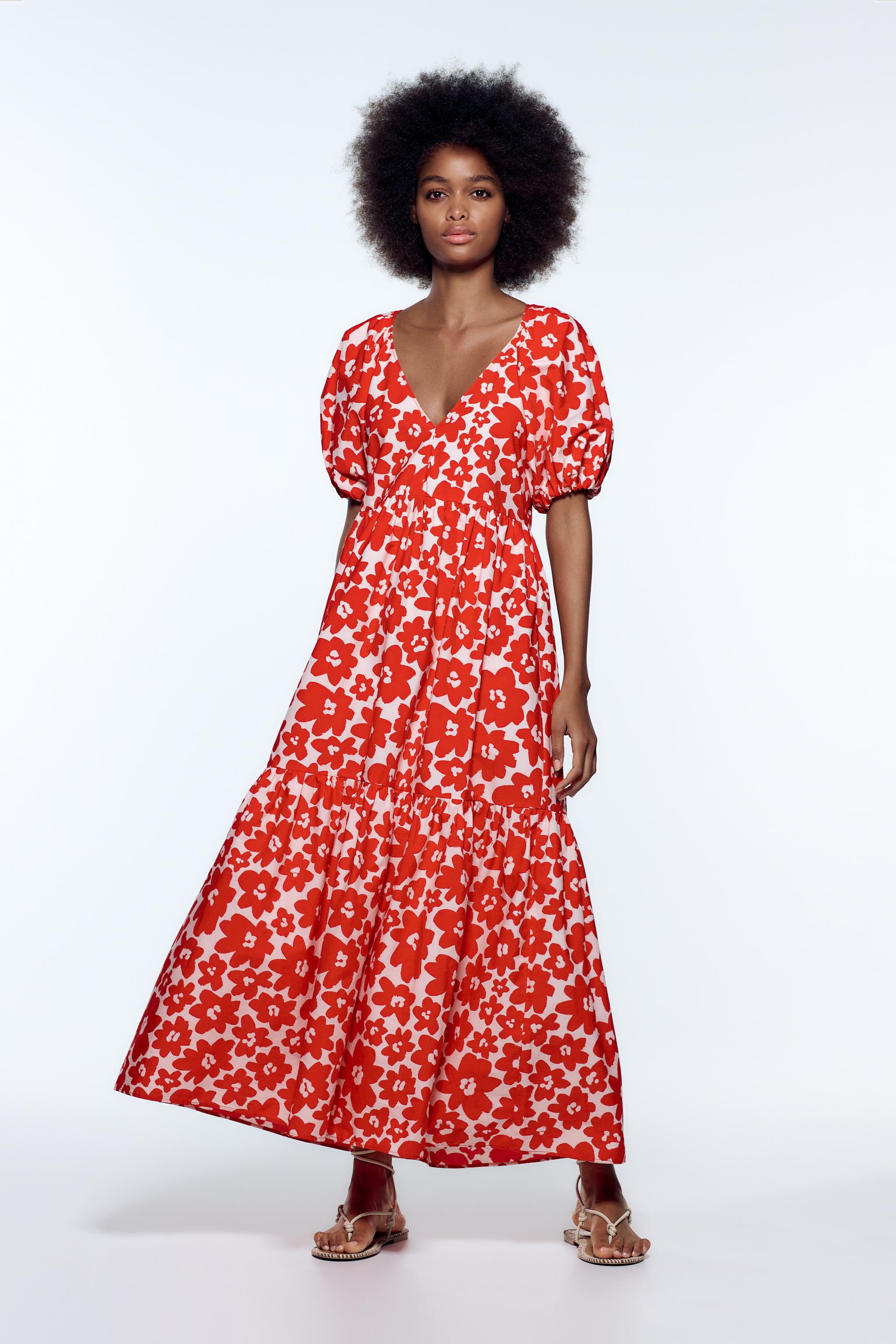 PRINTED POPLIN DRESS Red White ZARA United Kingdom